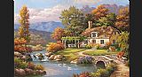 Sung Kim Famous Paintings - Cottage Stream